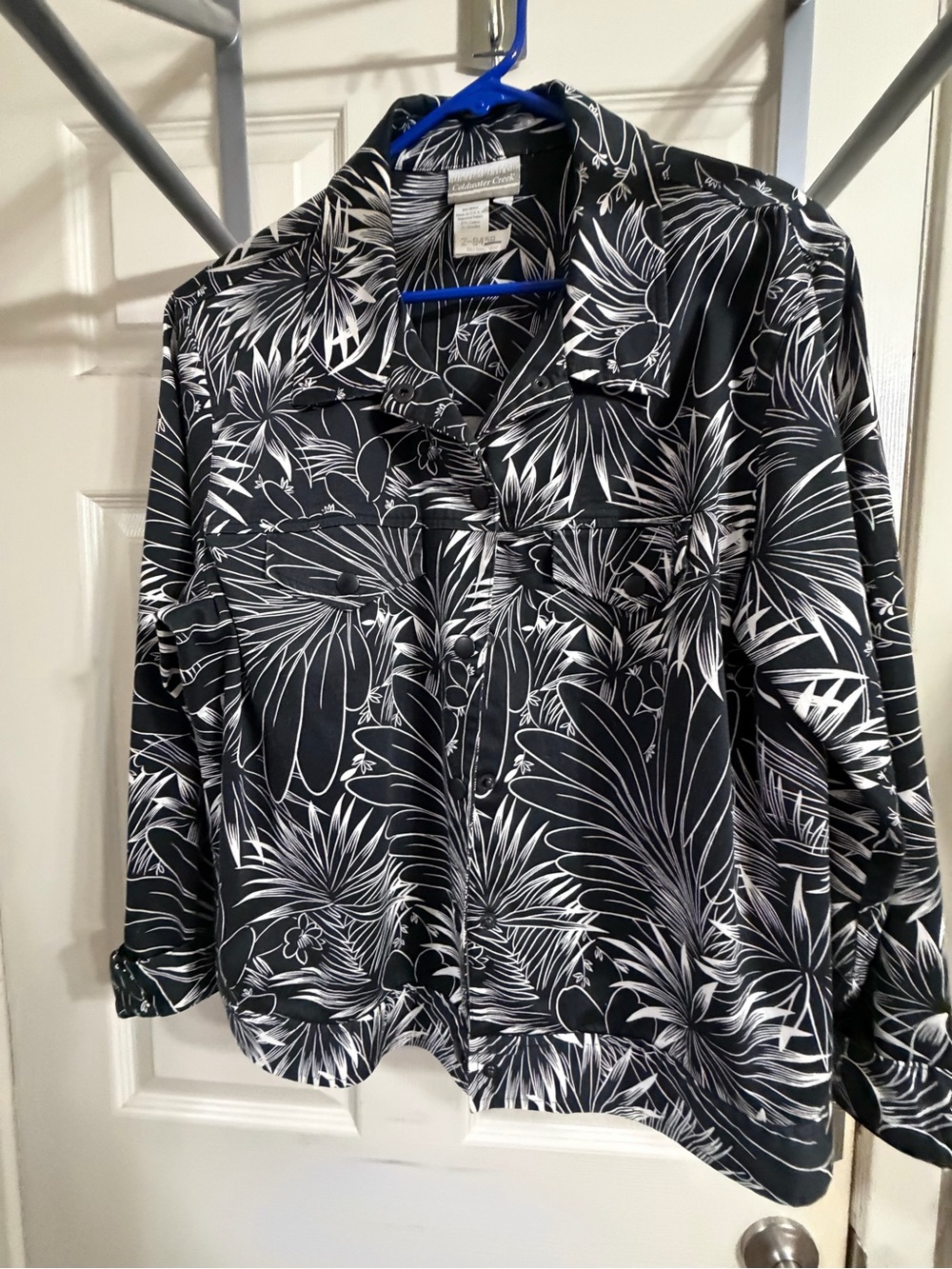 Coldwater Creek Black Button-Front Blouse with White Tropical Print